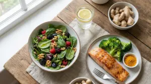 Piatto con salmone, broccoli, curcuma e insalata con noci e frutti di bosco su tavolo rustico