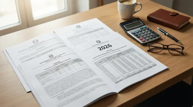 Documenti ufficiali con tabelle sulle pensioni 2026 su una scrivania con calcolatrice e occhiali