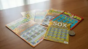 Gratta e vinci assortiti su un tavolo con una moneta da due euro