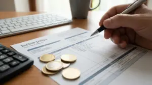 Una mano compila una busta paga accanto a monete euro e una calcolatrice