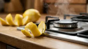 Buccia di limone accanto a un fornello da cucina acceso con vapore visibile