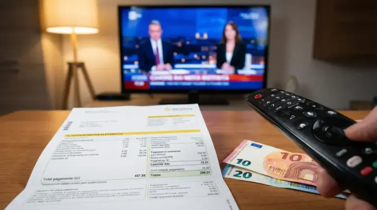Fattura elettrica su un tavolo con banconote e telecomando davanti a un televisore acceso