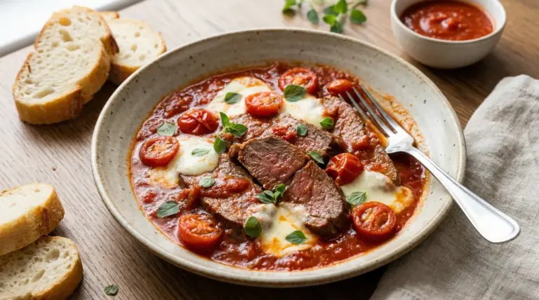 Piatto di carne alla pizzaiola con pomodori, mozzarella e pane a fette accanto