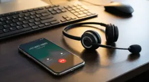 Telefono con chiamata in arrivo e cuffie su una scrivania accanto a una tastiera