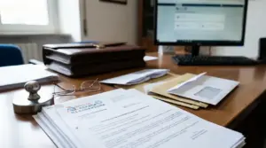 Documenti dell'Agenzia Entrate-Riscossione su una scrivania con computer e buste