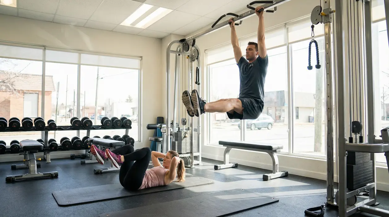 Due persone si allenano in palestra eseguendo esercizi per gli addominali bassi
