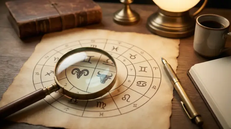 Carta zodiacale con lente d'ingrandimento sopra i segni dell'Ariete e del Toro