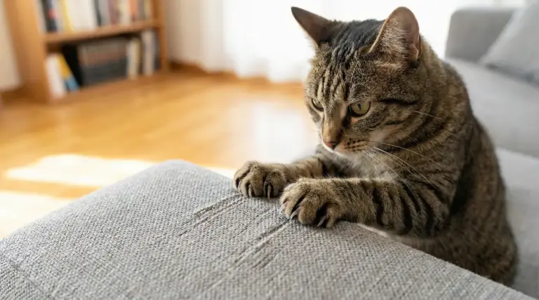 Gatto tigrato che graffia un divano grigio