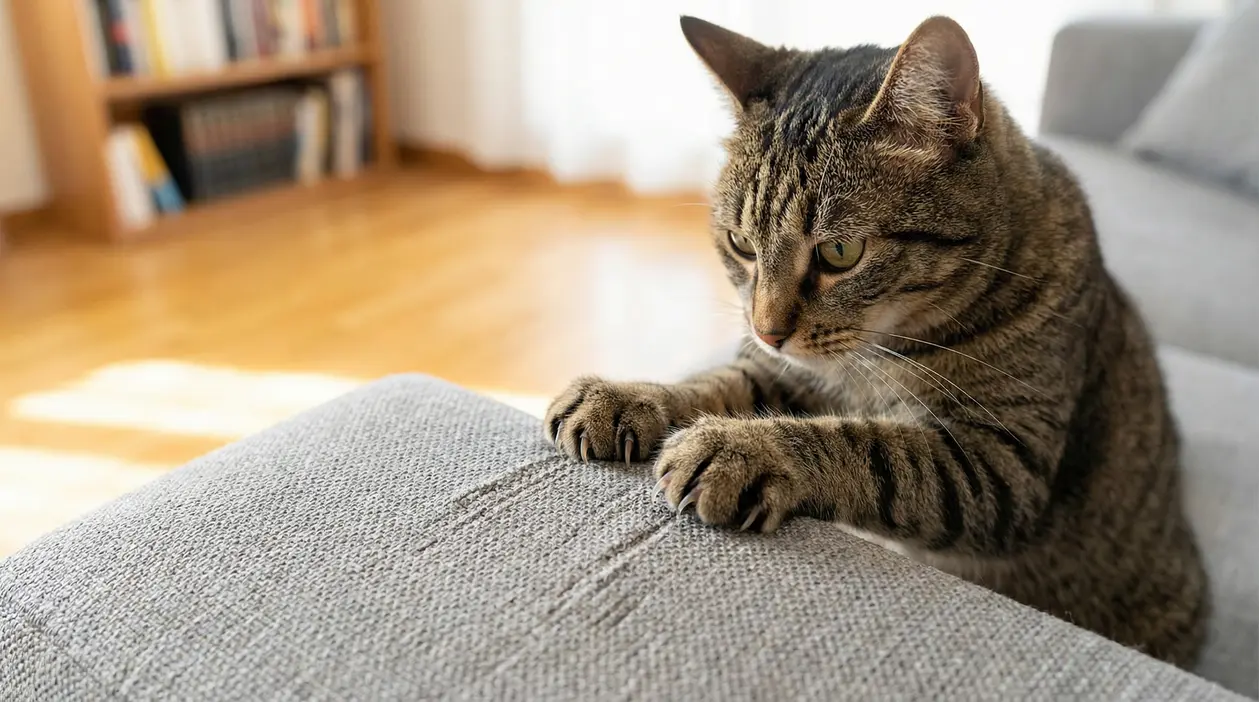 Gatto tigrato che graffia un divano grigio
