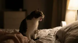 Gatto che miagola su un letto durante la notte in una stanza illuminata da una lampada