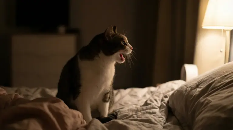 Gatto che miagola su un letto durante la notte in una stanza illuminata da una lampada