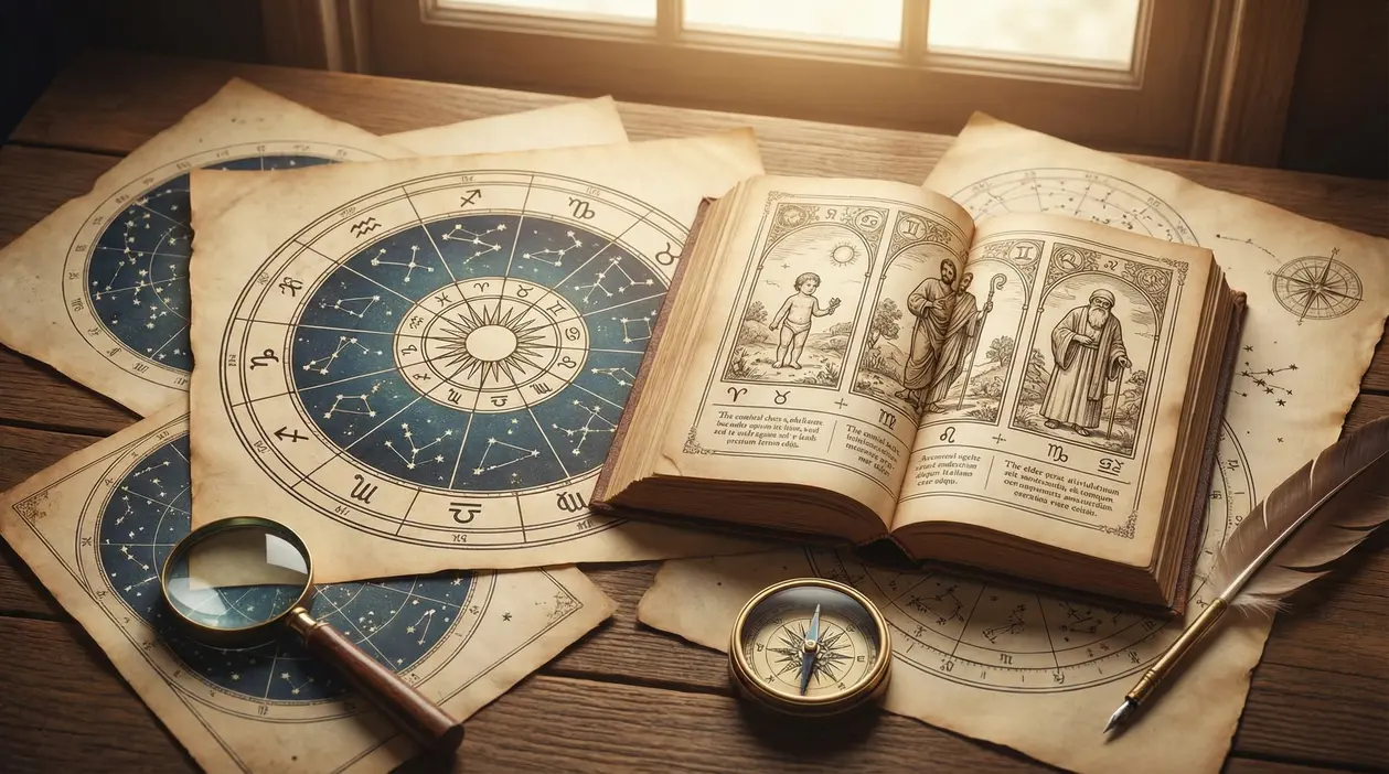 Tavole astrologiche e libro antico aperto su un tavolo di legno, con bussola e lente d'ingrandimento