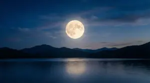 Luna piena brillante sopra montagne e lago al tramonto