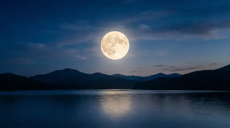 Luna piena brillante sopra montagne e lago al tramonto