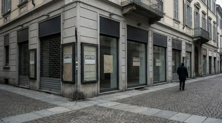 Vetrine di negozi vuoti con cartelli 'affittasi' e 'vendesi' in una strada deserta