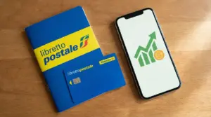 Libretto postale con carta e smartphone su un tavolo in legno
