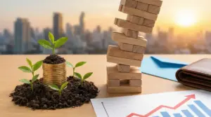 Monete impilate con piantine e blocchi di legno su un tavolo con grafico