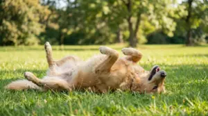 Cane che si rotola sull'erba in una giornata di sole in un parco
