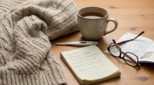Una coperta di lana, un termometro, una tazza di tè, un quaderno e un paio di occhiali su un tavolo