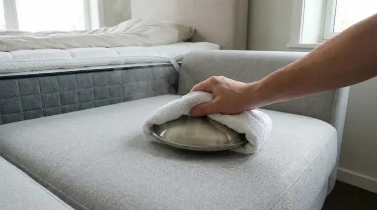 Una mano utilizza un coperchio avvolto in un panno su un divano vicino a un materasso.