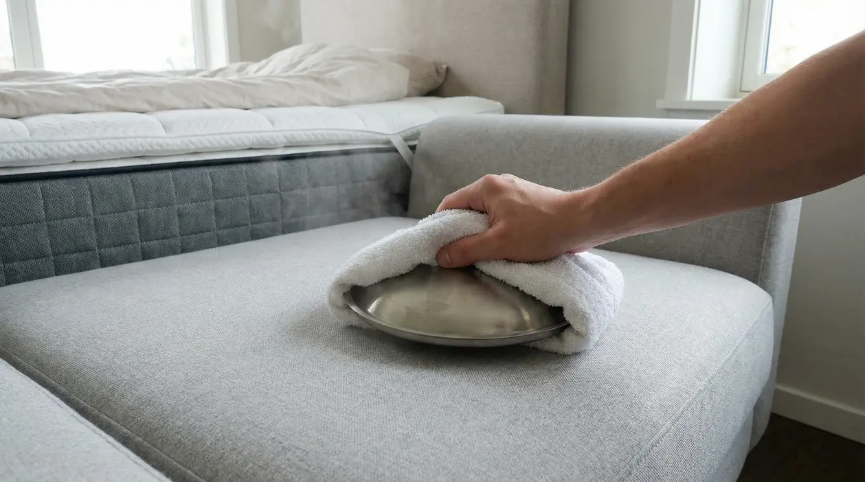 Una mano utilizza un coperchio avvolto in un panno su un divano vicino a un materasso.