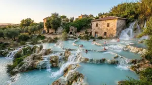 Piscine naturali di acqua termale con cascate e persone immerse, circondate da edifici in pietra e vegetazione