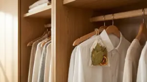 Camicia bianca appesa in un armadio con un sacchettino profumato contenente foglie e fette di agrumi
