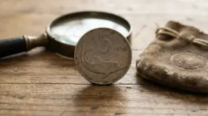 Vecchia moneta italiana da 5 lire del 1956 con delfino su tavolo in legno
