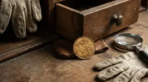 Vecchia moneta d’oro appoggiata su un panno accanto a guanti e lente d’ingrandimento su un tavolo di legno