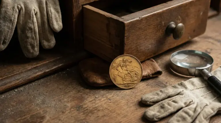 Vecchia moneta d’oro appoggiata su un panno accanto a guanti e lente d’ingrandimento su un tavolo di legno